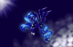Size: 1080x689 | Tagged: safe, artist:moona_lou, imported from derpibooru, princess luna, alicorn, pony, ethereal mane, female, flying, hoof shoes, jewelry, mare, night, peytral, solo, tiara
