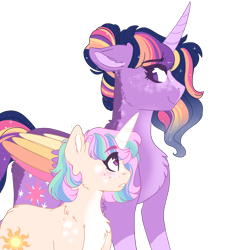 Size: 2000x2131 | Tagged: safe, artist:scarletskitty12, imported from derpibooru, princess celestia, twilight sparkle, alicorn, unicorn, alternate universe, chest fluff, colored wings, duo, freckles, hair bun, older, older twilight, race swap, role reversal, short mane, simple background, teacher and student, transparent background, twilight sparkle (alicorn), unicorn celestia, wings, young celestia