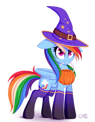 Size: 1151x1475 | Tagged: safe, artist:omi, imported from derpibooru, rainbow dash, pegasus, pony, clothes, costume, cute, dashabetes, female, floppy ears, halloween, halloween costume, hat, holiday, mare, mouth hold, nightmare night, nightmare night costume, pumpkin bucket, simple background, smiling, socks, solo, trick or treat, white background, witch costume, witch hat