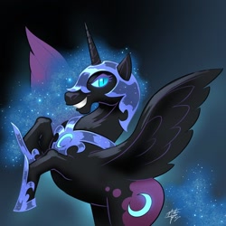 Size: 1024x1024 | Tagged: safe, alternate version, artist:mateusboga, imported from derpibooru, nightmare moon, alicorn, pony, ethereal mane, eyelashes, female, grin, helmet, hoof shoes, mare, peytral, rearing, signature, smiling, solo, starry mane