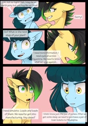 Size: 1600x2291 | Tagged: safe, artist:tillie-tmb, imported from derpibooru, oc, oc only, oc:meadow lark, oc:tempest, earth pony, unicorn, comic:the amulet of shades, +oc, comic, cp, dialogue, simple background, speech bubble