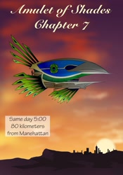 Size: 1600x2291 | Tagged: safe, artist:tillie-tmb, imported from derpibooru, comic:the amulet of shades, airship, chapter image, city, cloud, comic, cover art, nobility, silhouette, skyline, sunrise, text