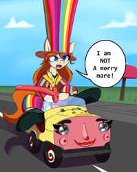 Size: 2388x3000 | Tagged: safe, artist:lockheart, imported from derpibooru, oc, oc only, oc:nordpone, earth pony, pony, angry, balloon swords, car, clothes, cloud, commission, dialogue, driving, female, hat, hoof hold, mare, open mouth, road, sidewalk, sitting, sky, solo, speech bubble, steering wheel, top hat