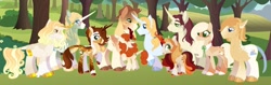 Size: 1280x407 | Tagged: safe, artist:vintagefeline, imported from derpibooru, applejack, autumn blaze, prince blueblood, oc, oc:daybreak doze, oc:first flight, oc:golden glory, oc:hearthfire flicker, oc:milkweed bloom, oc:morning brew, oc:winesap, hybrid, kirin, pony, alternate design, autumnjack, background used, bisexual, blueblaze, bluejack, bluejackblaze, family, female, interspecies offspring, kirin hybrid, lesbian, magical threesome spawn, male, mare, offspring, parent:applejack, parent:autumn blaze, parent:prince blueblood, parents:blueblaze, parents:bluejack, parents:bluejackblaze, polyamory, shipping, stallion, straight, tree