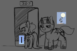 Size: 1038x685 | Tagged: safe, artist:lockheart, imported from derpibooru, oc, oc only, oc:rainier, oc:snusnu, pegasus, pony, succubus, succubus pony, black sclera, door, doorway, duo, female, horns, i, innuendo, lamp, lidded eyes, looking at you, luxo jr., male, mare, pixar, smiling, stallion, wings