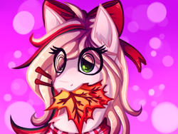 Size: 1600x1200 | Tagged: safe, artist:exbesh, imported from derpibooru, oc, oc only, oc:hollie, pony, bow, bust, clothes, leaf, portrait, scarf, solo