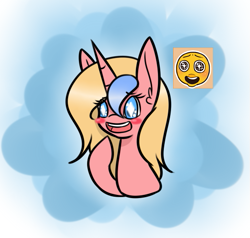 Size: 557x530 | Tagged: safe, artist:kaggy009, imported from derpibooru, oc, oc only, oc:blue ribbon, pony, unicorn, ask peppermint pattie, blushing, bust, emoji, female, mare, open mouth, smiling, solo, starry eyes, wingding eyes