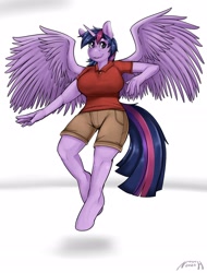 Size: 2048x2698 | Tagged: safe, artist:nosch, imported from derpibooru, twilight sparkle, oc, oc only, oc:acesential, alicorn, anthro, unguligrade anthro, breasts, busty twilight sparkle, female, floating, implied transgender transformation, looking at you, mare, polo shirt, simple background, solo, solo female, twilight sparkle (alicorn), white background