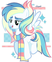 Size: 1584x1856 | Tagged: safe, artist:lazuli, artist:mint-light, imported from derpibooru, oc, oc only, pegasus, pony, clothes, commission, eyelashes, flying, open mouth, pegasus oc, scarf, sig, siki, simple background, solo, transparent background, wings, ych result