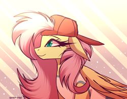 Size: 2300x1800 | Tagged: safe, artist:celes-969, artist:spirit-fire360, imported from derpibooru, fluttershy, pegasus, pony, 90s grunge fluttershy, abstract background, backwards ballcap, baseball cap, cap, clothes, female, floppy ears, gameloft, gameloft interpretation, hat, mare, shirt, smiling, solo, wings