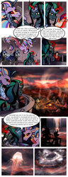 Size: 1500x3900 | Tagged: safe, artist:nancy-05, imported from derpibooru, oc, oc:empress sacer malum, oc:melicus ostium, alicorn, changeling, changeling queen, hybrid, pony, siren, unicorn, comic:fusing the fusions, comic:time of the fusions, absorption, alicorn oc, balcony, barrier, black sclera, camp, campfire, comforting, comic, commissioner:bigonionbean, confused, curved horn, dark magic, female, fusion, fusion:adagio dazzle, fusion:aria blaze, fusion:empress sacer malum, fusion:king sombra, fusion:melicus ostium, fusion:nightmare moon, fusion:queen chrysalis, fusion:sonata dusk, guard, headache, horn, jewelry, magic, not an alicorn, parent:king sombra, parent:nightmare moon, parent:princess luna, parent:queen chrysalis, possessed, possession, quill pen, regalia, scroll, sombra eyes, storm, tartarus, unknown pony, weather, wings, writer:bigonionbean
