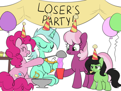 Size: 2000x1500 | Tagged: safe, artist:anonymous, cheerilee, lyra heartstrings, pinkie pie, oc, oc:filly anon, earth pony, pony, unicorn, /mlp/, balloon, banner, female, filly, hat, kazoo, lyre, miss /mlp/, miss /mlp/ 2020, musical instrument, party, party hat, punch, simple background, white background