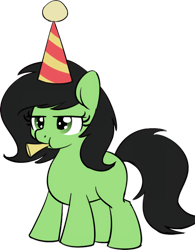 Size: 640x819 | Tagged: safe, artist:anonymous, edit, oc, oc only, oc:filly anon, earth pony, pony, cropped, female, filly, hat, kazoo, musical instrument, party hat, simple background, solo, transparent background, unamused