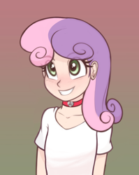 Size: 954x1200 | Tagged: safe, artist:scorpdk, edit, sweetie belle, human, blushing, choker, clothes, cute, diasweetes, eyebrows visible through hair, eyelashes, female, gradient background, humanized, shirt, smiling, solo, t-shirt