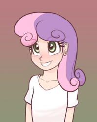 Size: 954x1200 | Tagged: safe, artist:scorpdk, edit, sweetie belle, equestria girls, clothes, cute, diasweetes, female, gradient background, shirt, smiling, solo, t-shirt