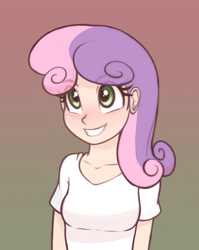 Size: 954x1200 | Tagged: safe, artist:scorpdk, edit, sweetie belle, human, breasts, clothes, cute, diasweetes, eyebrows visible through hair, female, gradient background, humanized, shirt, small breasts, smiling, solo, t-shirt