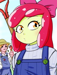 Size: 1440x1920 | Tagged: safe, artist:batipin, imported from ponybooru, apple bloom, big macintosh, equestria girls, clothes, eyes closed, farm, overalls, straw in mouth