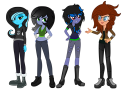 Size: 3775x2716 | Tagged: safe, artist:isaac_pony, artist:ragedox, imported from derpibooru, oc, oc:blazing smart, oc:madshy, oc:rouse black, oc:shainer shrapnel shock, equestria girls, belly button, black mane, brown mane, doom, doom equestria, glasses, group, midriff, nerd, show accurate