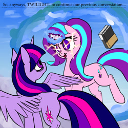 Size: 900x900 | Tagged: safe, artist:slamjam, imported from derpibooru, starlight glimmer, twilight sparkle, alicorn, book, bubble, butt, duo, female, magic, mare, misspelling, plot, text, twilight sparkle (alicorn)