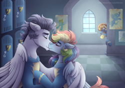 Size: 4960x3507 | Tagged: safe, artist:kikirdcz, imported from derpibooru, rainbow dash, soarin', spitfire, pegasus, pony, alternate hairstyle, clothes, commission, ear fluff, eyes closed, female, french kiss, hug, kissing, locker, locker room, lockers, male, mare, poster, raised hoof, shipping, soarindash, spying, stallion, straight, uniform, winghug, wonderbolts, wonderbolts uniform