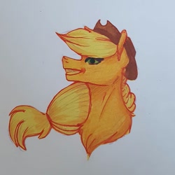 Size: 1080x1080 | Tagged: safe, artist:moona_lou, imported from derpibooru, applejack, earth pony, pony, bust, female, hat, mare, solo, traditional art