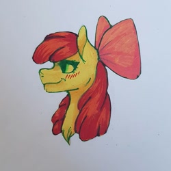 Size: 1080x1080 | Tagged: safe, artist:moona_lou, imported from derpibooru, earth pony, pony, blushing, bow, bust, female, filly, hair bow, solo, traditional art