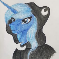 Size: 1080x1080 | Tagged: safe, artist:moona_lou, imported from derpibooru, princess luna, spirit of hearth's warming yet to come, alicorn, pony, bust, cloak, clothes, female, mare, s1 luna, solo, traditional art