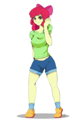 Size: 1668x2388 | Tagged: safe, artist:jennobasilicum, imported from derpibooru, apple bloom, human, equestria girls, alternate hairstyle, animated, apple bloom's bow, ass, bloom butt, boots, bow, breasts, butt, butt shake, clothes, denim shorts, female, frame by frame, gif, hair bow, happy, older, older apple bloom, shirt, shoes, shorts, simple background, smiling, socks, solo, t-shirt, twerking, white background