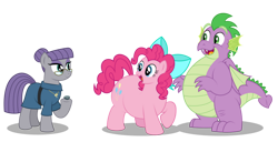 Size: 1280x657 | Tagged: safe, artist:aleximusprime, imported from derpibooru, boulder (pet), maud pie, pinkie pie, spike, dragon, earth pony, pony, fanfic:cheesy as pie, flurry heart's story, adult, adult spike, boulder (g4), bow, chubbie pie, chubby, fat, fat spike, glasses, hair bun, jewelry, necklace, older, older maude pie, older pinkie pie, older spike, pet rock, plump, pudgy pie, rock, simple background, transparent background, vector, winged spike, wings