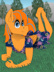 Size: 900x1200 | Tagged: safe, artist:zeronitroman, imported from derpibooru, oc, oc only, oc:cold front, anthro, pegasus, plantigrade anthro, barefoot, clothes, crossdressing, dress, feet, femboy, girly, grass, lying down, lying in grass, male, pegasus oc, smiling at you, stallion, sundress, tree, wings