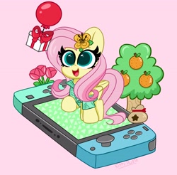Size: 4096x4034 | Tagged: safe, artist:kittyrosie, imported from derpibooru, fluttershy, pegasus, pony, animal crossing, animal crossing: new horizons, colored pupils, crossover, cute, digital art, female, kittyrosie is trying to murder us, mare, nintendo switch, shyabetes, smiling, solo