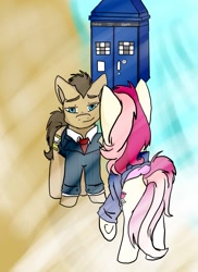 Size: 931x1280 | Tagged: safe, artist:jeymohr, imported from derpibooru, doctor whooves, roseluck, time turner, earth pony, pony, doctor who, doctorrose, doomsday (doctor who), female, male, rose tyler, scene interpretation, shipping, straight, tardis