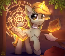 Size: 2057x1774 | Tagged: safe, artist:radioaxi, artist:reterica, imported from derpibooru, oc, oc only, oc:golden eve, pony, unicorn, book, choker, eye clipping through hair, female, glowing horn, horn, looking at you, magic, magic circle, mare, raised hoof, smiling, solo, table, telekinesis