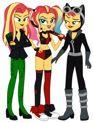 Size: 9000x12000 | Tagged: safe, alternate version, artist:emeraldblast63, imported from derpibooru, sunset shimmer, cat, equestria girls, alternate hairstyle, baseball bat, belly button, blazer, boots, catsuit, catwoman, clothes, clothes swap, converse, cosplay, costume, dc comics, female, goggles, harley quinn, harley quinn (2019), high heels, looking at you, midriff, pigtails, poison ivy, shoes, simple background, smiling, smiling at you, socks, stockings, thigh highs, transparent background, trio, trio female