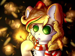 Size: 1024x768 | Tagged: safe, artist:detcia, imported from derpibooru, amethyst star, sparkler, oc, oc only, oc:hollie, pony, bow, clothes, hoof hold, scarf, sparkler (firework)