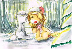 Size: 3312x2257 | Tagged: safe, artist:mashiromiku, imported from derpibooru, oc, oc only, oc:hollie, pony, bow, clothes, forest, scarf, snowman, snowmare, snowpony, winter