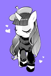 Size: 695x1039 | Tagged: safe, artist:mituuuuya, imported from derpibooru, rarity, pony, unicorn, alternate hairstyle, beatnik rarity, beret, clothes, cute, eyes closed, female, hat, heart, mare, monochrome, purple background, raribetes, simple background, solo, sweater