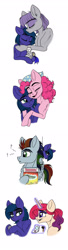 Size: 682x2512 | Tagged: safe, artist:celestial-rainstorm, imported from derpibooru, maud pie, pinkie pie, oc, oc:azurite, oc:prism storm, oc:splendor, pony, female, hug, male, mare, offspring, parent:maud pie, parent:mud briar, parent:oc:glittering facet, parent:oc:harpsichord, parent:rainbow dash, parent:soarin', parents:maudbriar, parents:oc x oc, parents:soarindash, simple background, stallion, white background