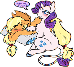 Size: 2965x2690 | Tagged: safe, artist:melodythepuppy, imported from derpibooru, applejack, rarity, earth pony, unicorn, blushing, female, lesbian, pillow, rarijack, shipping, simple background, sleeping, transparent background