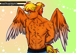 Size: 1920x1354 | Tagged: safe, artist:theking_salt, imported from derpibooru, oc, anthro, pegasus, spoiler:mlp friendship is forever, beautiful, commission, food, freckles, glasses, green background, male, muscles, nice guy, not porn, orange, ponytail, sfw commissions, simple background, wings