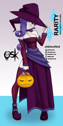 Size: 984x1951 | Tagged: safe, alternate version, artist:oldskullkid, imported from derpibooru, part of a set, rarity, human, equestria girls, breasts, busty rarity, cleavage, clothes, costume, halloween, halloween costume, hat, holiday, humanized, pumpkin bucket, solo, witch, witch costume, witch hat