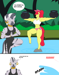 Size: 2048x2618 | Tagged: safe, artist:matchstickman, imported from derpibooru, apple bloom, zecora, anthro, earth pony, plantigrade anthro, zebra, tumblr:where the apple blossoms, abs, apple bloom's bow, apple brawn, armpits, balancing, barefoot, biceps, bow, breasts, busty apple bloom, busty zecora, clothes, comic, cutie mark, dialogue, dress, duo, everfree forest, eyes closed, falling, feet, female, hair bow, looking sideways, mare, matchstickman's apple brawn series, muscles, muscular female, older, older apple bloom, one eye closed, one leg raised, pecs, pot, side slit, speech bubble, splash, sports bra, standing, the cmc's cutie marks, thighs, thunder thighs, training, tumblr comic, underwear, water