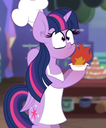 Size: 1400x1688 | Tagged: safe, artist:puperhamster, imported from derpibooru, twilight sparkle, alicorn, pony, apron, bipedal, chef, chef's hat, clothes, cooking, fire, hat, kitchen, solo, toque, twilight sparkle (alicorn)