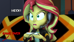 Size: 1920x1080 | Tagged: safe, artist:lance-pizon, imported from derpibooru, sunset shimmer, equestria girls, equestria girls series, game stream, spoiler:eqg series (season 2), 3d, angry, angry video game nerd, gamer sunset, headphones, heck, parody, psycho gamer sunset, source filmmaker