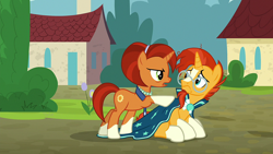 Size: 1920x1080 | Tagged: safe, imported from derpibooru, screencap, stellar flare, sunburst, pony, the parent map, female, frown, hoof on shoulder, male, mare, mother and child, mother and son, sitting, stallion