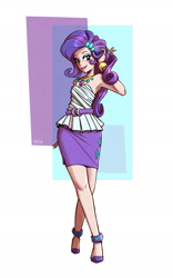 Size: 1320x2116 | Tagged: safe, artist:ilacavgbmjc, imported from derpibooru, kotobukiya, rarity, human, equestria girls, backless, bare shoulders, clothes, crossed legs, female, high heels, humanized, kotobukiya rarity, looking at you, miniskirt, rarity peplum dress, shoes, shoulderless, skirt, sleeveless, sleveless, solo, strapless