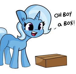 Size: 2250x2184 | Tagged: safe, artist:tjpones, artist:tjpones edits, edit, imported from derpibooru, trixie, pony, unicorn, cardboard box, female, mare, oh boy, simple background, solo, solo female, text, white background