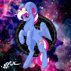 Size: 1920x1920 | Tagged: safe, artist:miscellanea_apgk, imported from derpibooru, oc, oc only, oc:steam loco, pegasus, pony, sheep, aries, commission, goggles, male, pegasus oc, ram, sign, solo, space, spread wings, wings, ych result