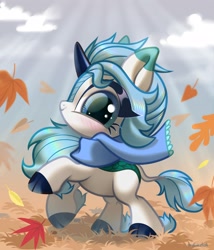 Size: 3000x3500 | Tagged: safe, artist:rrd-artist, imported from derpibooru, oc, oc only, kirin, autumn, blushing, clothes, female, kirin oc, leaves, looking at you, rearing, scarf, smiling, solo
