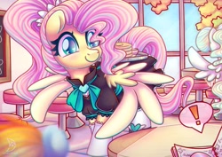 Size: 1920x1358 | Tagged: safe, artist:musicfirewind, artist:wavecipher, imported from derpibooru, fluttershy, rainbow dash, vapor trail, pegasus, pony, cafe, clothes, colored pupils, cute, dress, exclamation point, female, fluttermaid, food, heart eyes, maid, maid cafe, mare, offscreen character, pancakes, shyabetes, socks, solo focus, speech bubble, spread wings, wingding eyes, wings